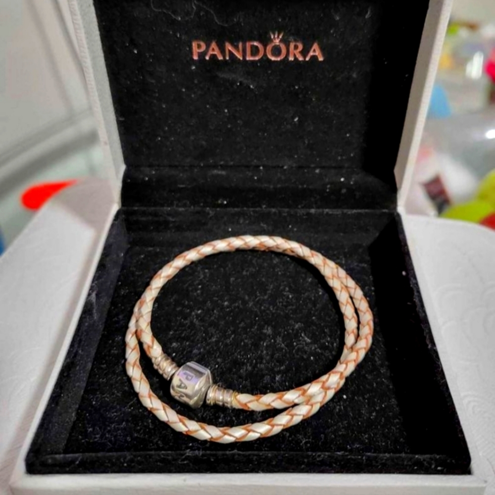 Authentic Pandora Double Wrap Champagne Leather Bracelet Length 14.5"